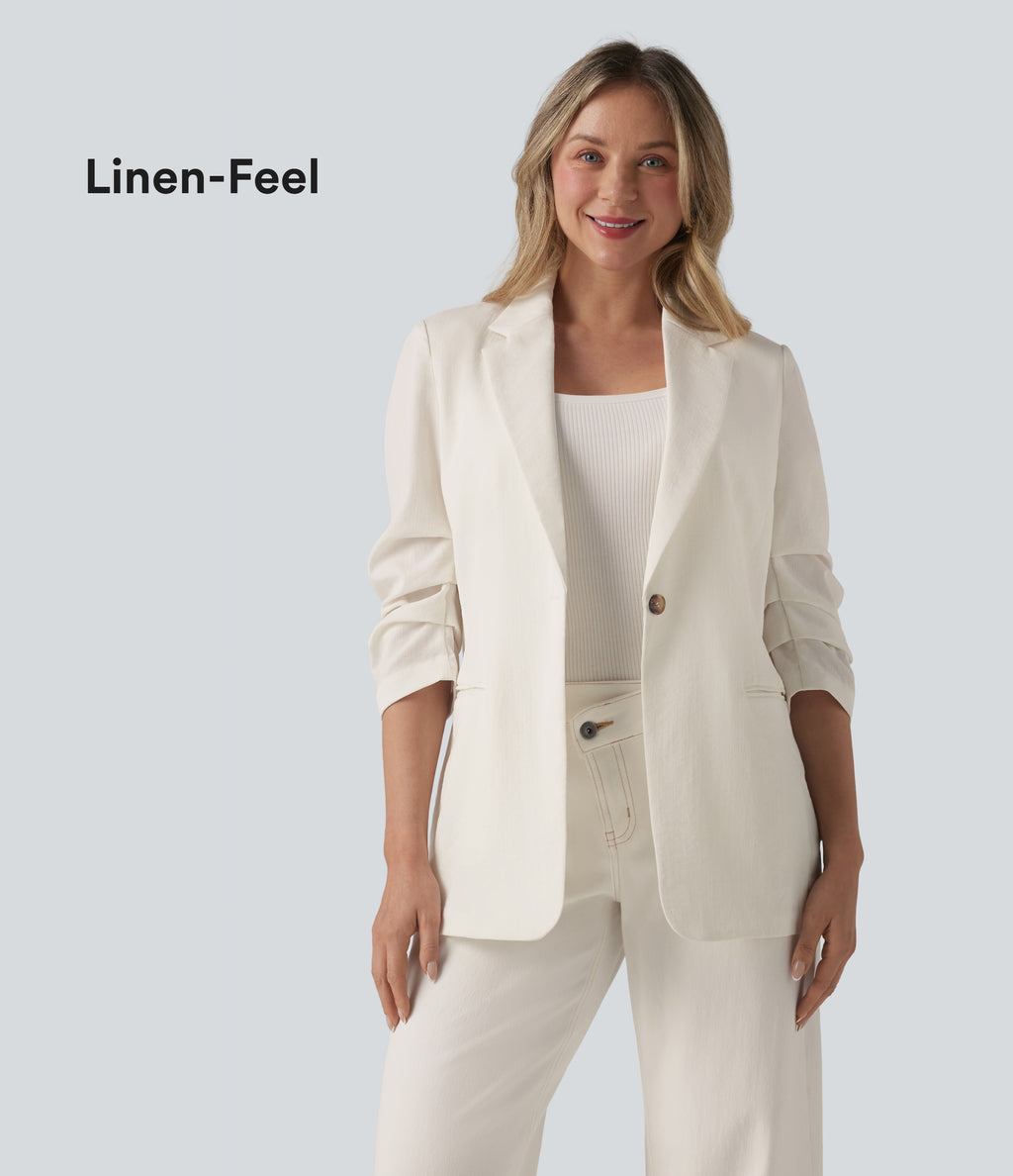 3/4 Sleeve Ruched Linen-Feel Work Blazer with Pockets — Marshmallow — view 1
