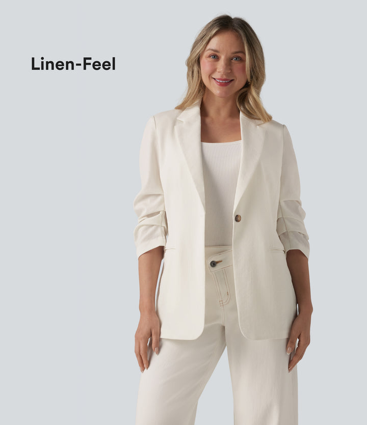 3/4 Sleeve Ruched Linen-Feel Work Blazer with Pockets — Marshmallow — view 1