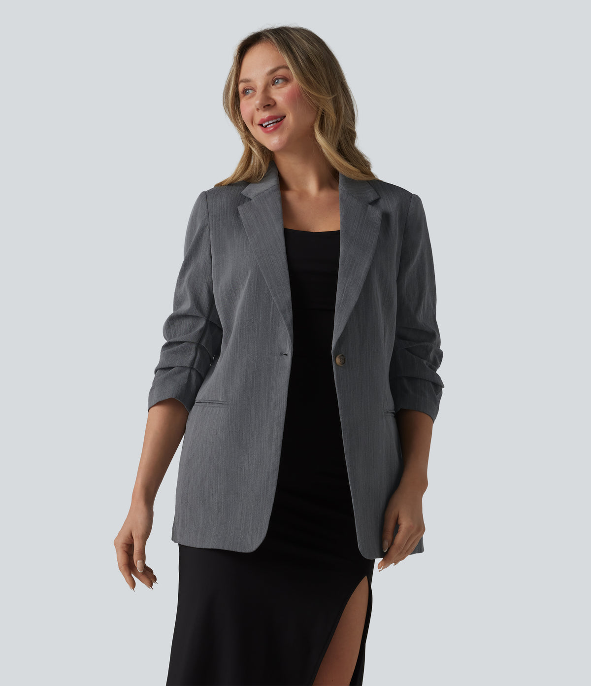 3/4 Sleeve Ruched Linen-Feel Work Blazer with Pockets — Obsidian Weave — view 8