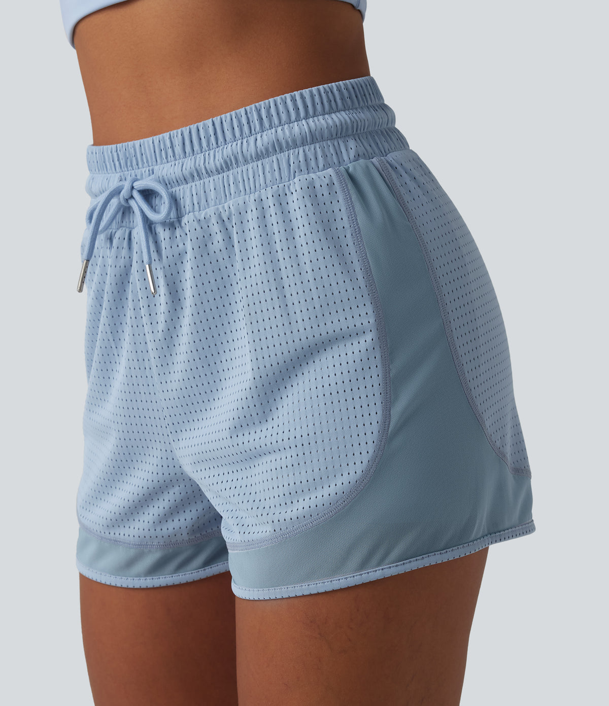 High Waisted Drawstring Eyelet Breathable Mesh 2-in-1 Workout Shorts — Sky Blue — view 6