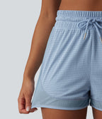 High Waisted Drawstring Eyelet Breathable Mesh 2-in-1 Workout Shorts — Sky Blue — view 5