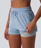 High Waisted Drawstring Eyelet Breathable Mesh 2-in-1 Workout Shorts — Sky Blue — view 4