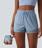 High Waisted Drawstring Eyelet Breathable Mesh 2-in-1 Workout Shorts — Sky Blue — view 1