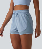 High Waisted Drawstring Eyelet Breathable Mesh 2-in-1 Workout Shorts — Sky Blue — view 3