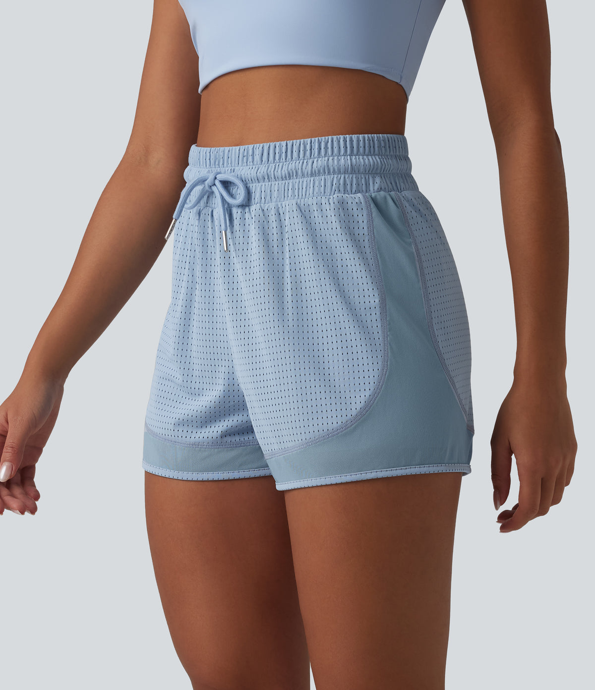 High Waisted Drawstring Eyelet Breathable Mesh 2-in-1 Workout Shorts — Sky Blue — view 3