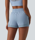 High Waisted Drawstring Eyelet Breathable Mesh 2-in-1 Workout Shorts — Sky Blue — view 2