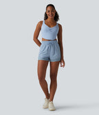 High Waisted Drawstring Eyelet Breathable Mesh 2-in-1 Workout Shorts — Sky Blue — view 7