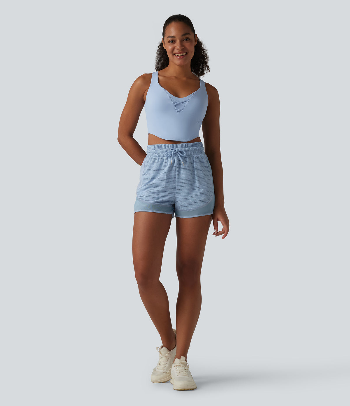High Waisted Drawstring Eyelet Breathable Mesh 2-in-1 Workout Shorts — Sky Blue — view 7