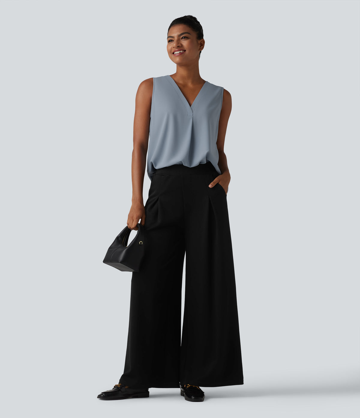 Wrinkle Recovery V Neck Sleeveless Oversized Work Blouse — Mountain Spring — view 6