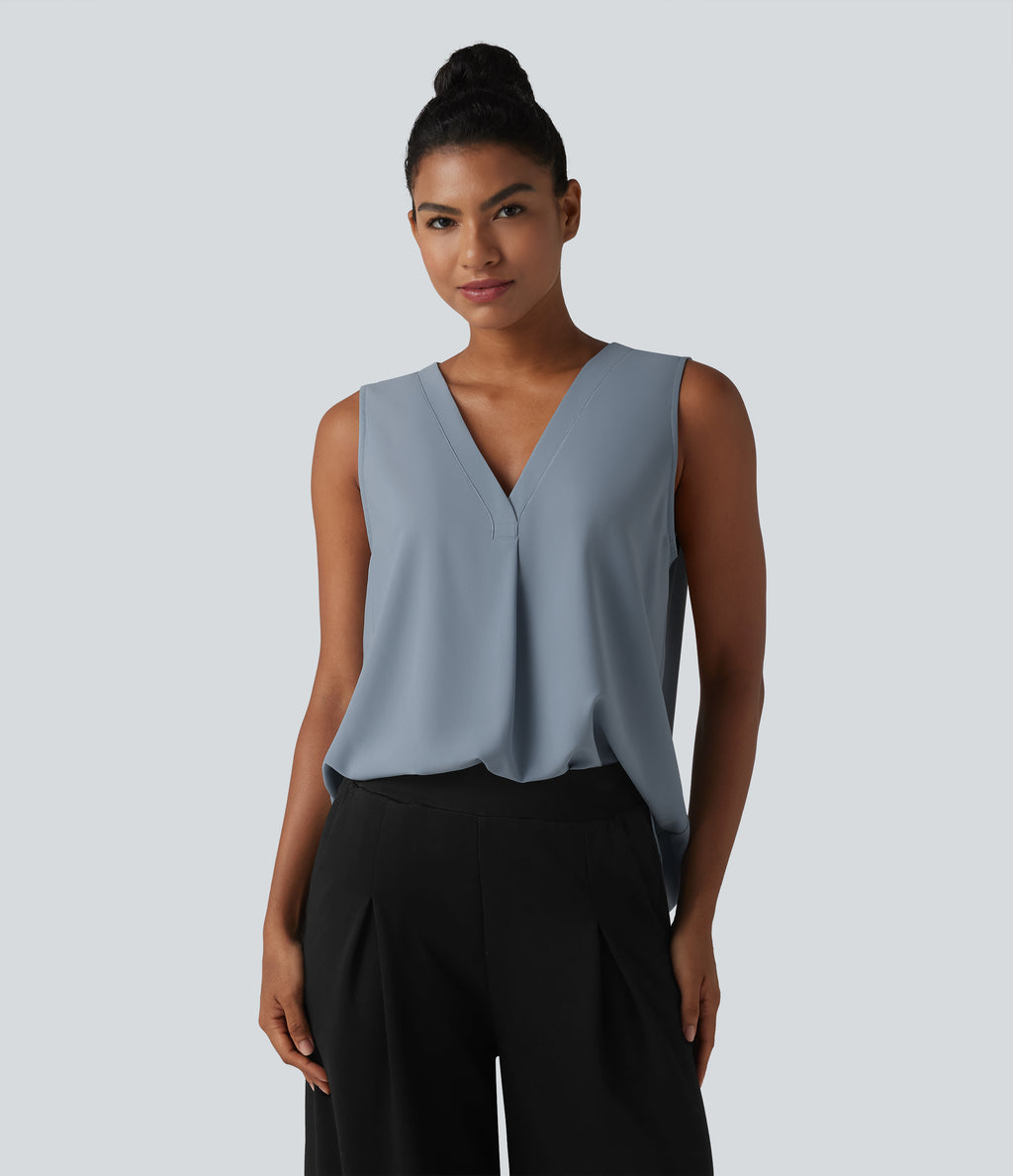 Wrinkle Recovery V Neck Sleeveless Oversized Work Blouse — Mountain Spring — view 4