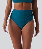 High Waisted Tummy Control Ruched Bikini Bottom Swimsuit — Ink Blue — view 3