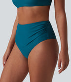 High Waisted Tummy Control Ruched Bikini Bottom Swimsuit — Ink Blue — view 4