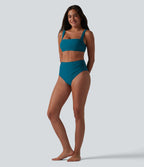 High Waisted Tummy Control Ruched Bikini Bottom Swimsuit — Ink Blue — view 6
