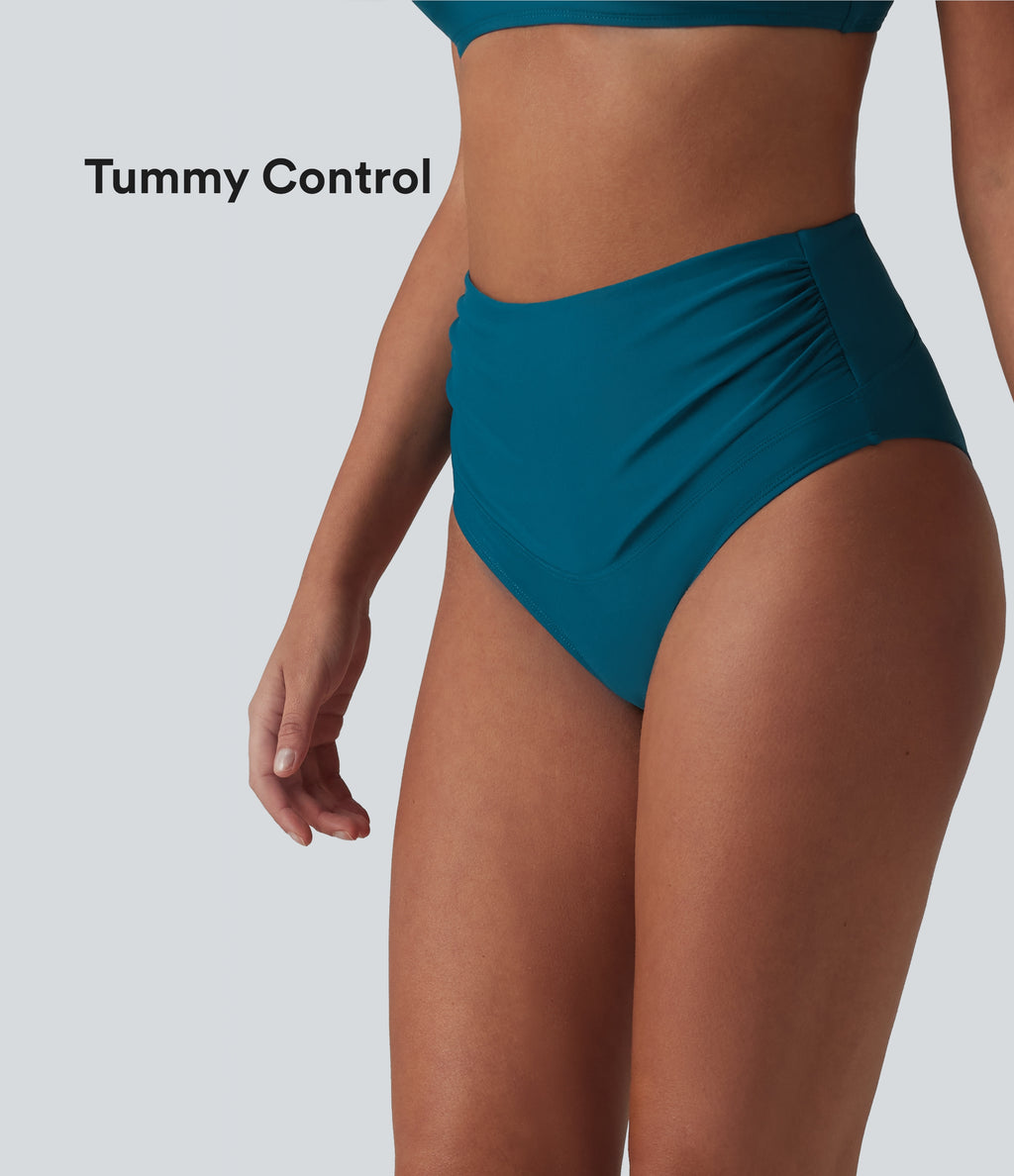 High Waisted Tummy Control Ruched Bikini Bottom Swimsuit — Ink Blue — view 1
