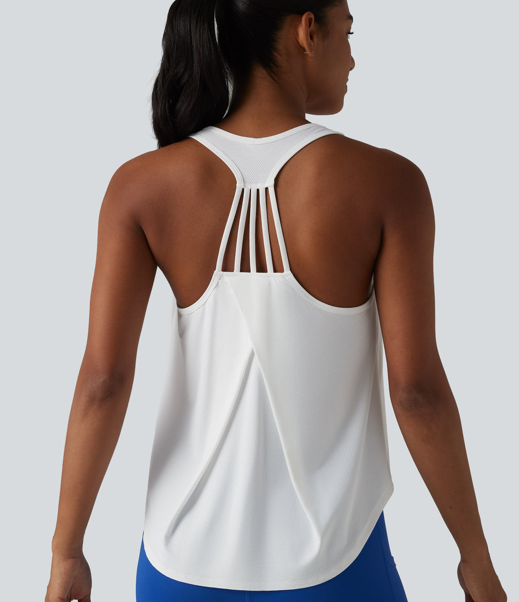 Racerback Crossover High-Low Curved Hem Yoga Tank Top — White — view 1