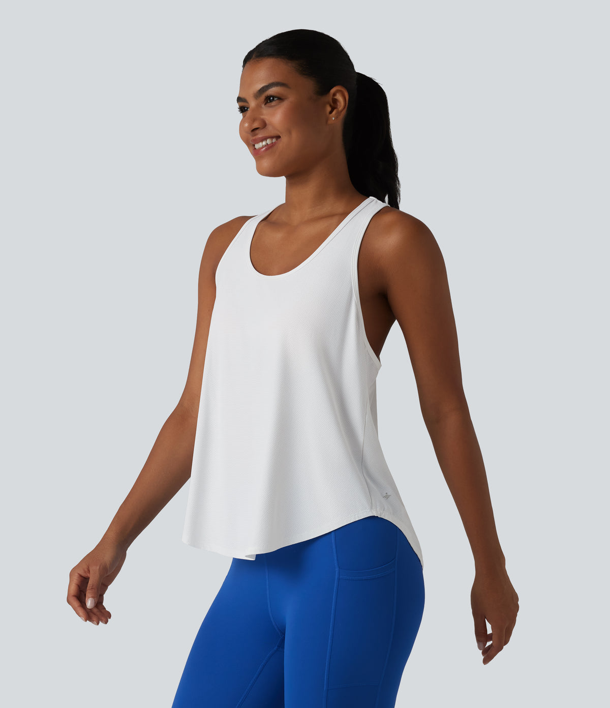 Racerback Crossover High-Low Curved Hem Yoga Tank Top — White — view 3