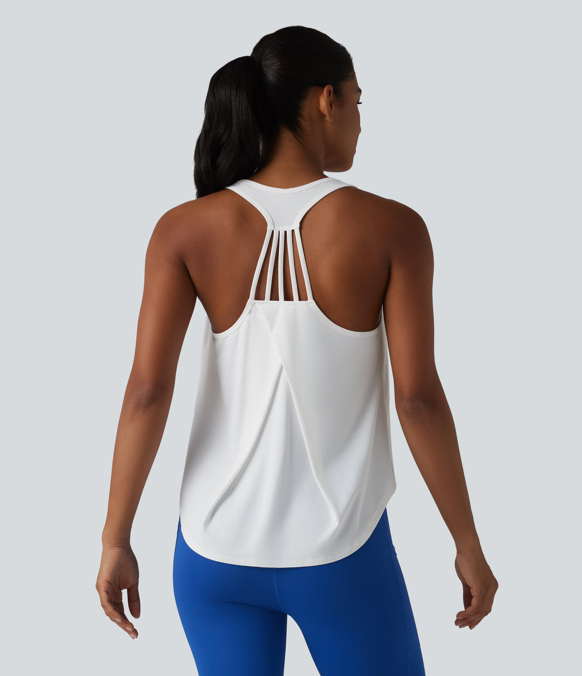 Racerback Crossover High-Low Curved Hem Yoga Tank Top — White — view 4