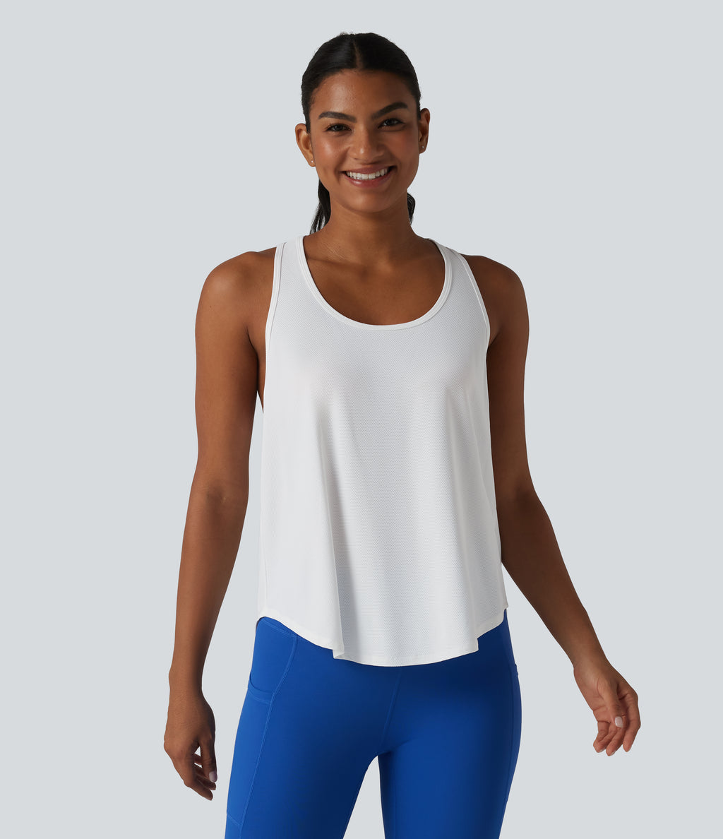 Racerback Crossover High-Low Curved Hem Yoga Tank Top — White — view 2