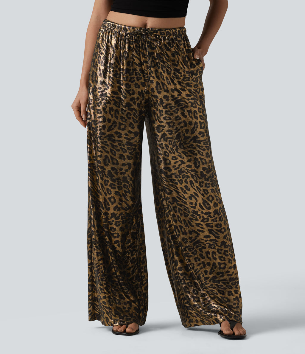 Mid Rise Drawstring Baggy Leopard Print Casual Trousers with Pockets — Black Coffee Leopard Print — view 1