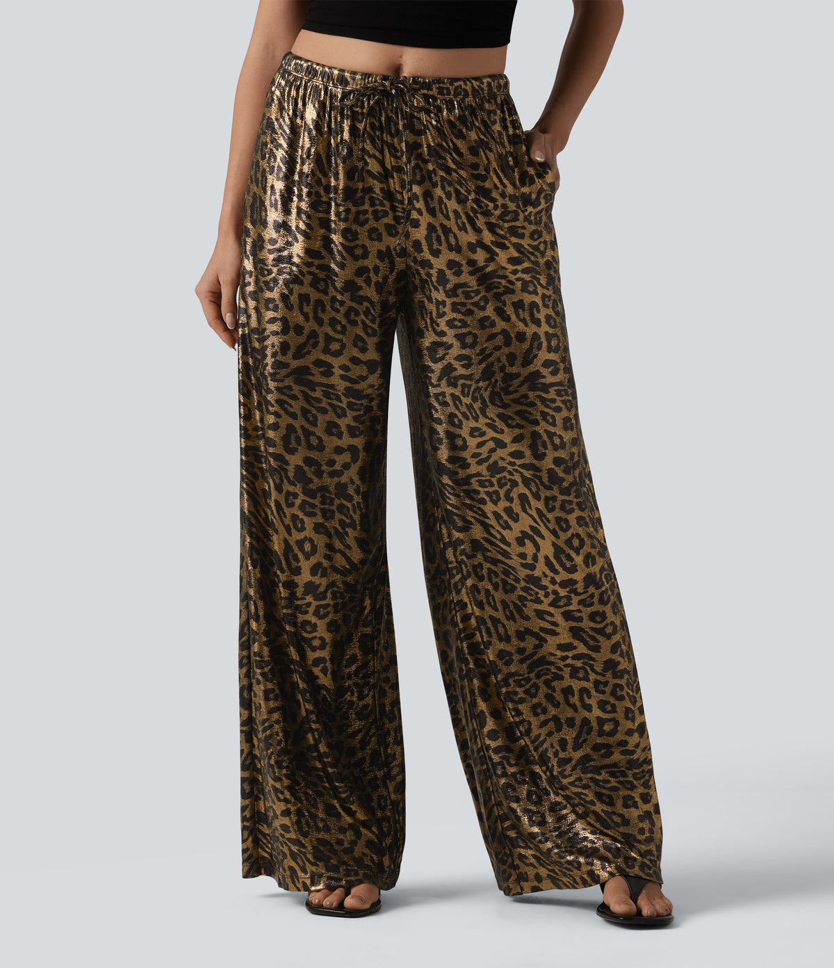 Mid Rise Drawstring Baggy Leopard Print Casual Trousers with Pockets — Black Coffee Leopard Print — view 1