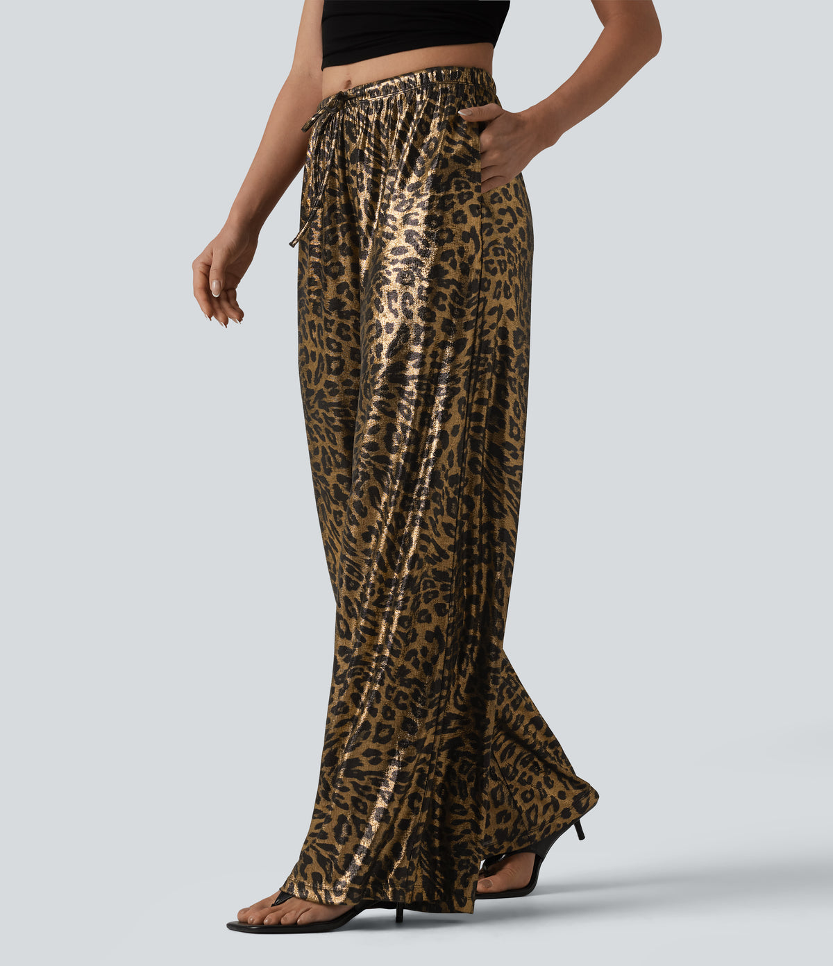 Mid Rise Drawstring Baggy Leopard Print Casual Trousers with Pockets — Black Coffee Leopard Print — view 3