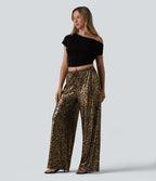 Mid Rise Drawstring Baggy Leopard Print Casual Trousers with Pockets — Black Coffee Leopard Print — view 6