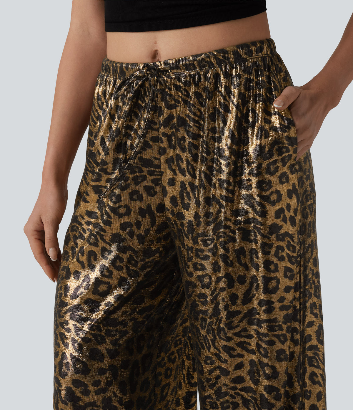 Mid Rise Drawstring Baggy Leopard Print Casual Trousers with Pockets — Black Coffee Leopard Print — view 4