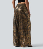 Mid Rise Drawstring Baggy Leopard Print Casual Trousers with Pockets — Black Coffee Leopard Print — view 2