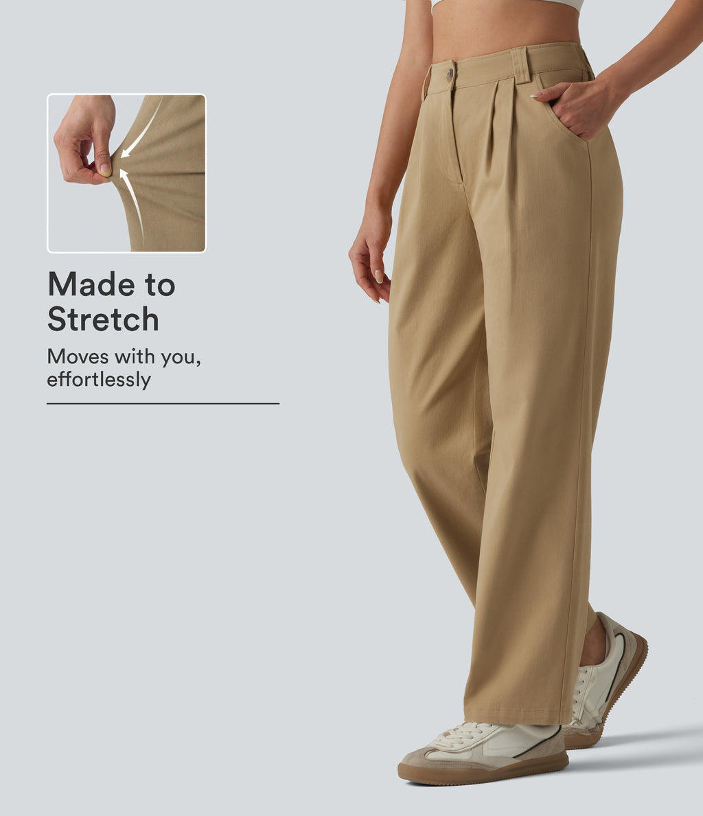 High Waisted Pleated Straight Leg Casual Chino Cotton Trousers with Pockets — Starfish — view 1