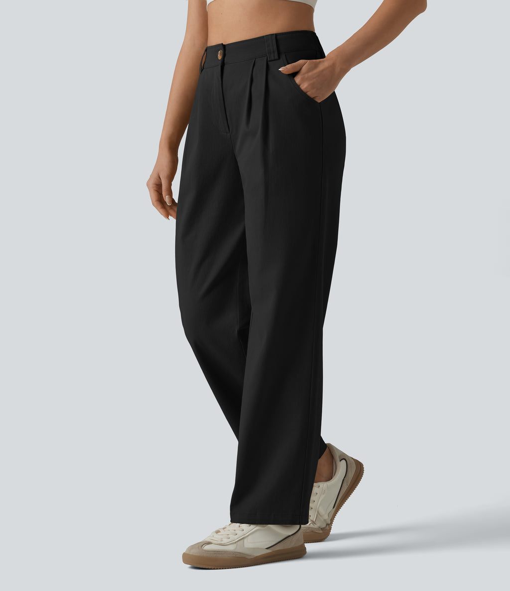 High Waisted Pleated Straight Leg Casual Chino Cotton Trousers with Pockets — Black — view 6