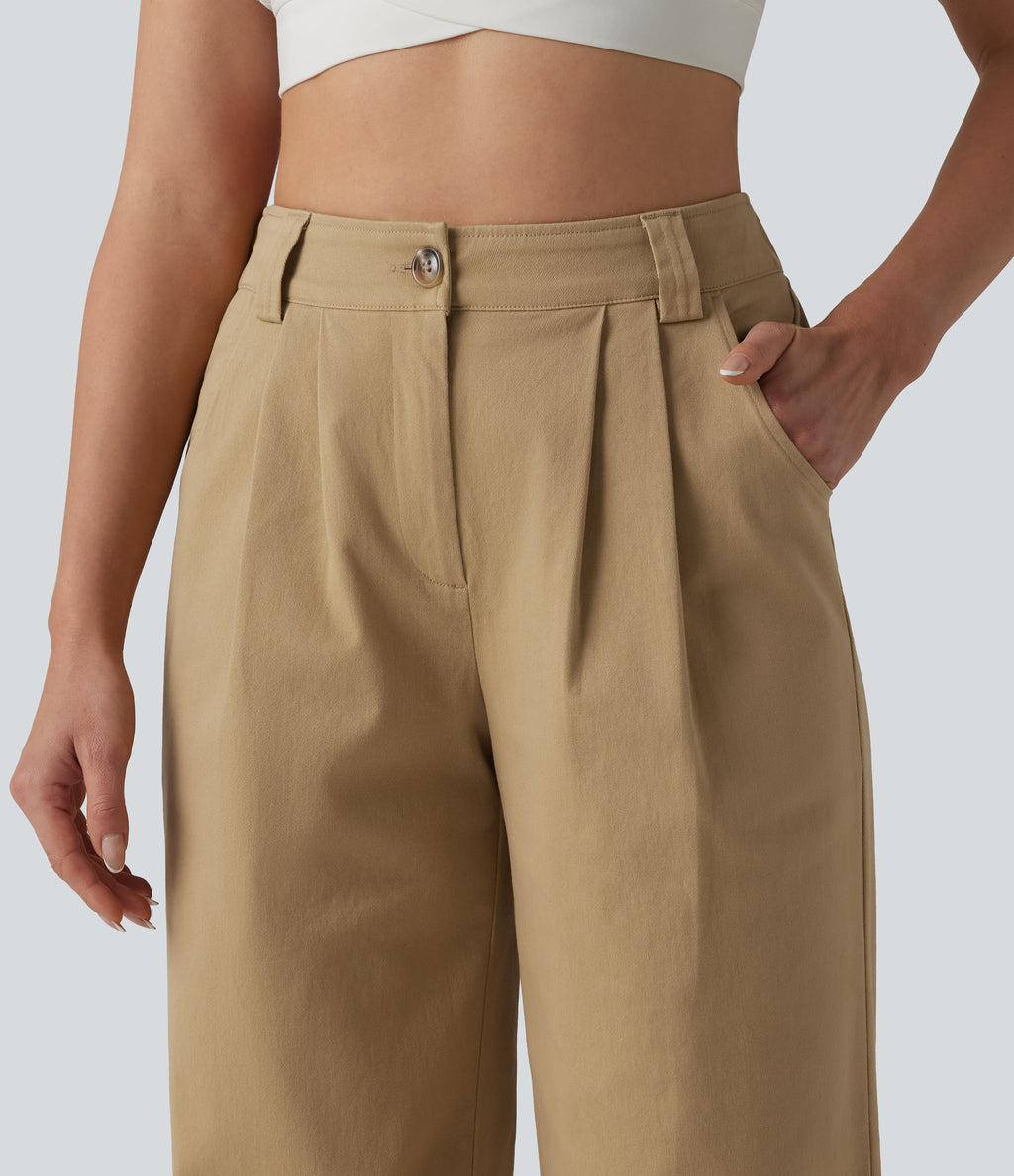 High Waisted Pleated Straight Leg Casual Chino Cotton Trousers with Pockets — Starfish — view 4