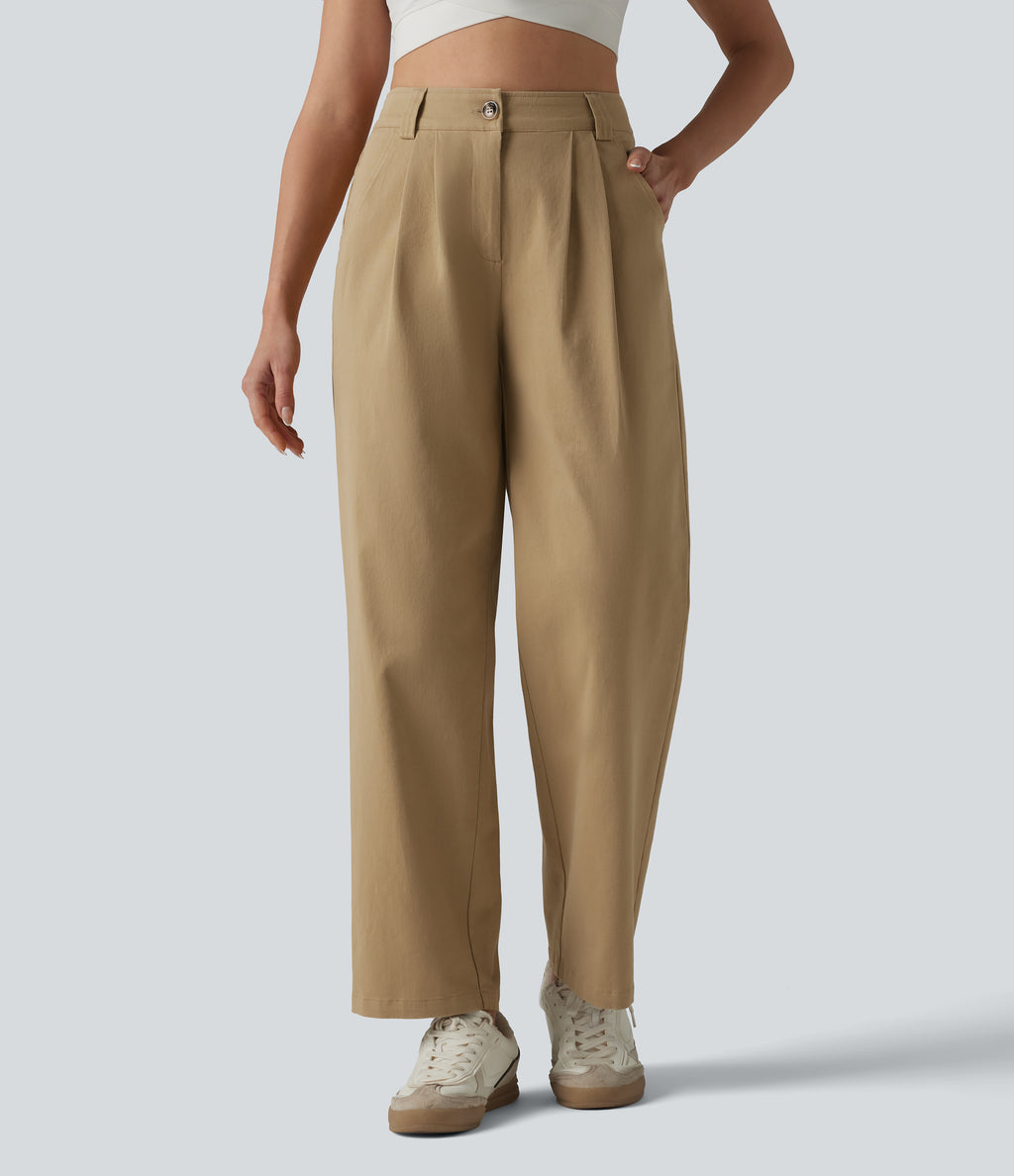High Waisted Pleated Straight Leg Casual Chino Cotton Trousers with Pockets — Starfish — view 3