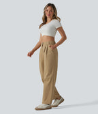 High Waisted Pleated Straight Leg Casual Chino Cotton Trousers with Pockets — Starfish — view 5