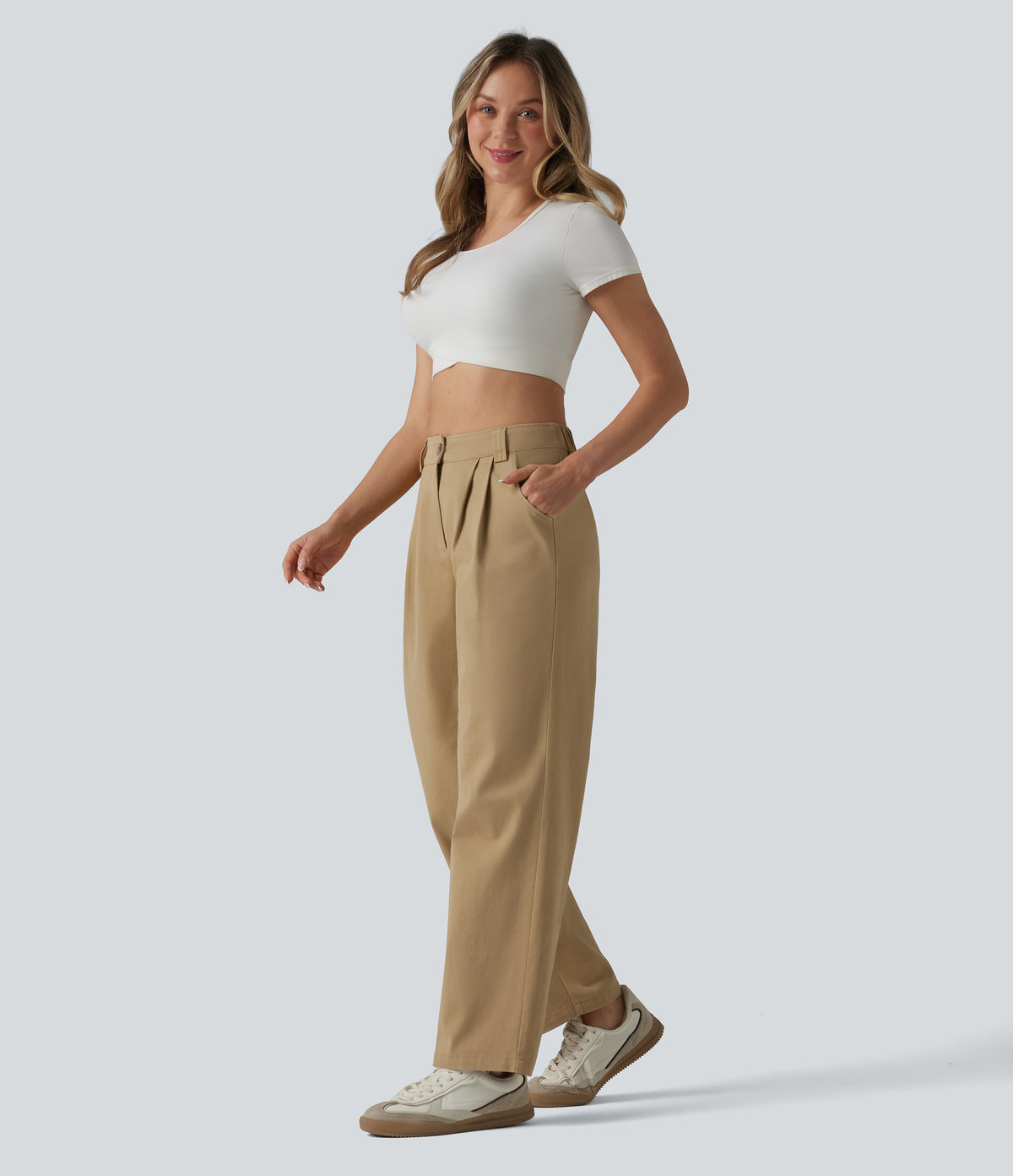 High Waisted Pleated Straight Leg Casual Chino Cotton Trousers with Pockets — Starfish — view 5