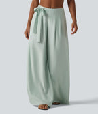 High Waisted Tie Side Baggy Linen-Blend Pants with Pockets — Pale Aqua — view 3