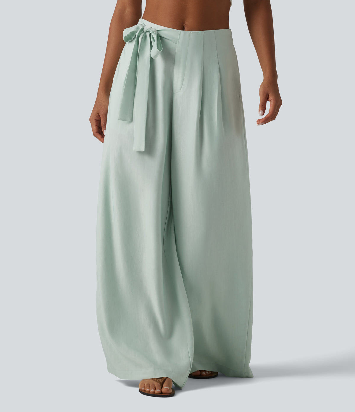 High Waisted Tie Side Baggy Linen-Blend Pants with Pockets — Pale Aqua — view 3