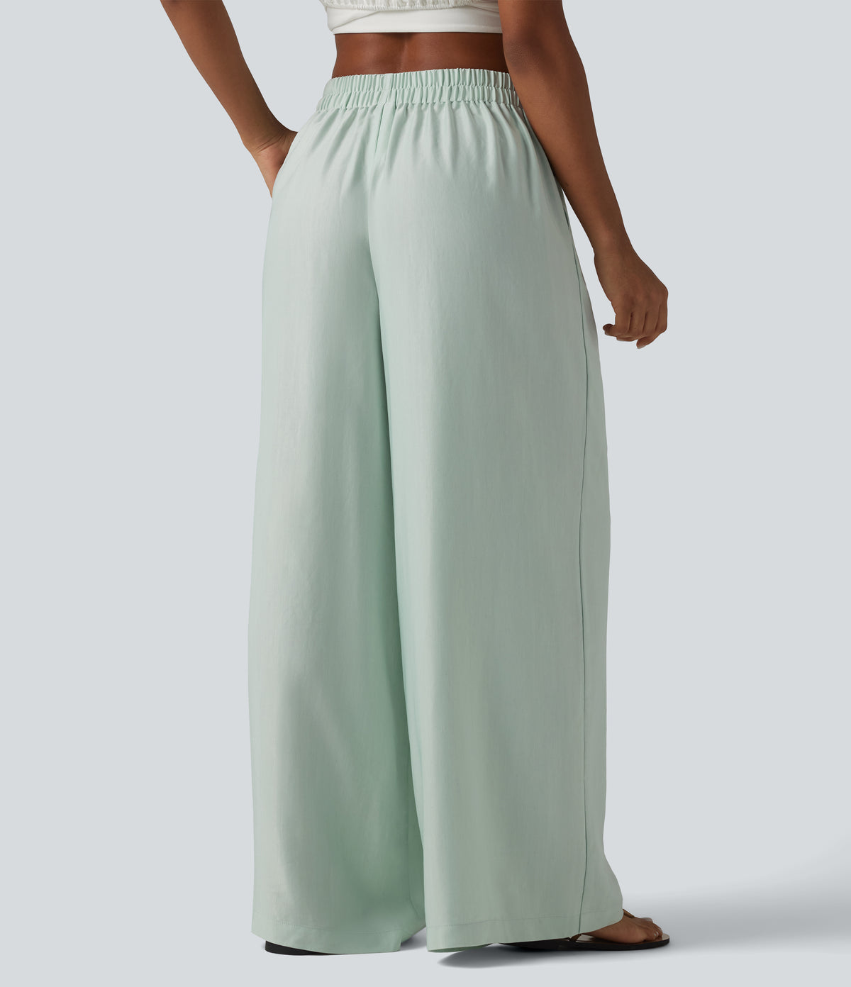 High Waisted Tie Side Baggy Linen-Blend Pants with Pockets — Pale Aqua — view 2