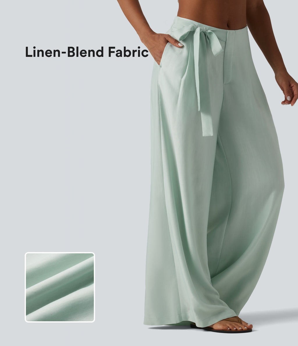 High Waisted Tie Side Baggy Linen-Blend Pants with Pockets — Pale Aqua — view 1