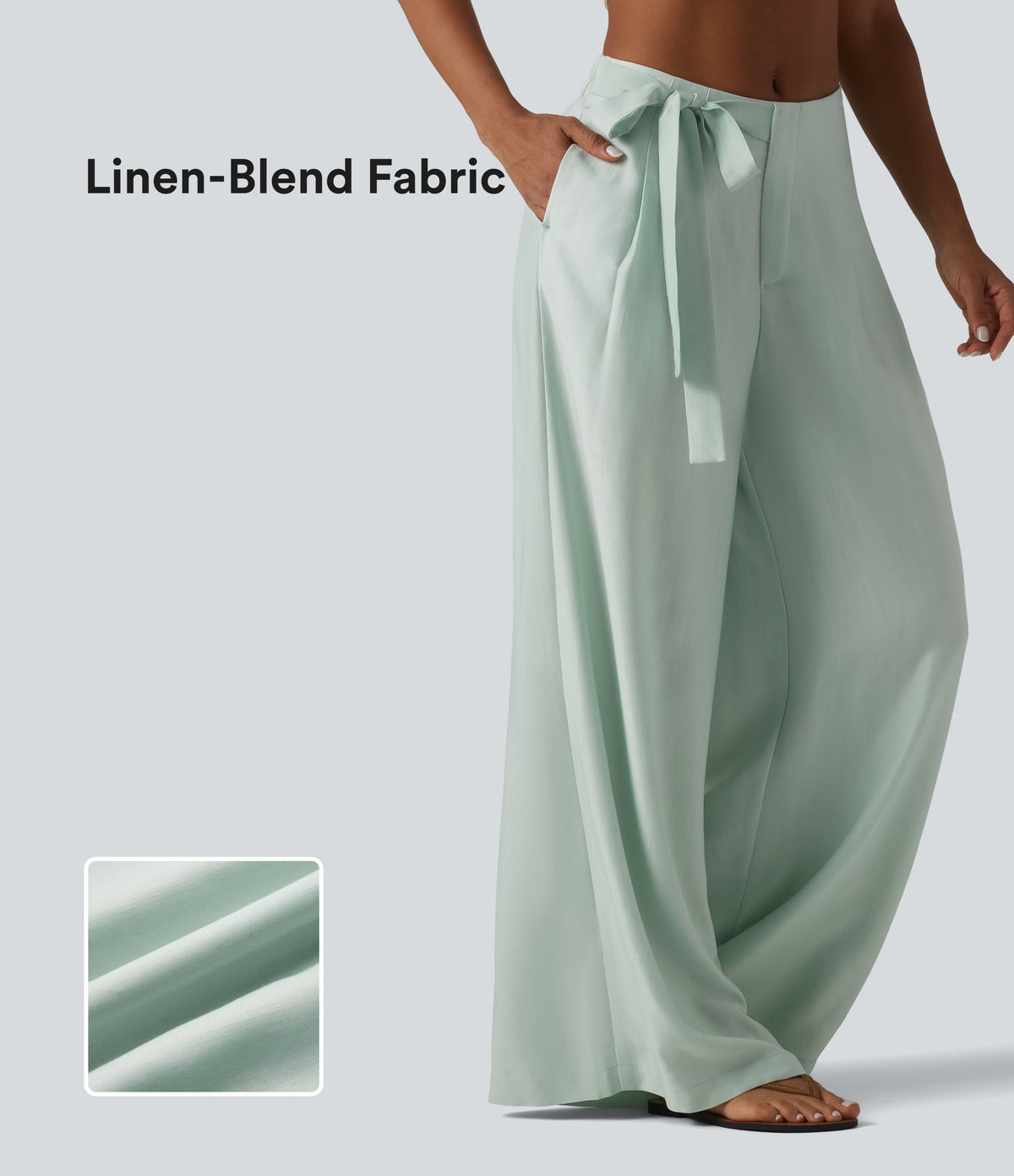 High Waisted Tie Side Baggy Linen-Blend Pants with Pockets — Pale Aqua — view 1
