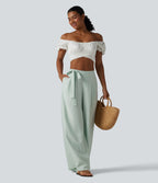High Waisted Tie Side Baggy Linen-Blend Pants with Pockets — Pale Aqua — view 6