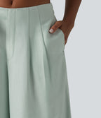 High Waisted Tie Side Baggy Linen-Blend Pants with Pockets — Pale Aqua — view 5