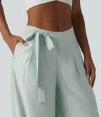 High Waisted Tie Side Baggy Linen-Blend Pants with Pockets — Pale Aqua — view 4