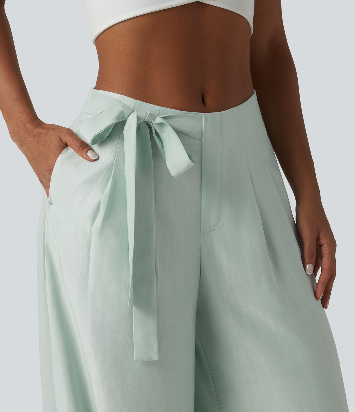 High Waisted Tie Side Baggy Linen-Blend Pants with Pockets — Pale Aqua — view 4
