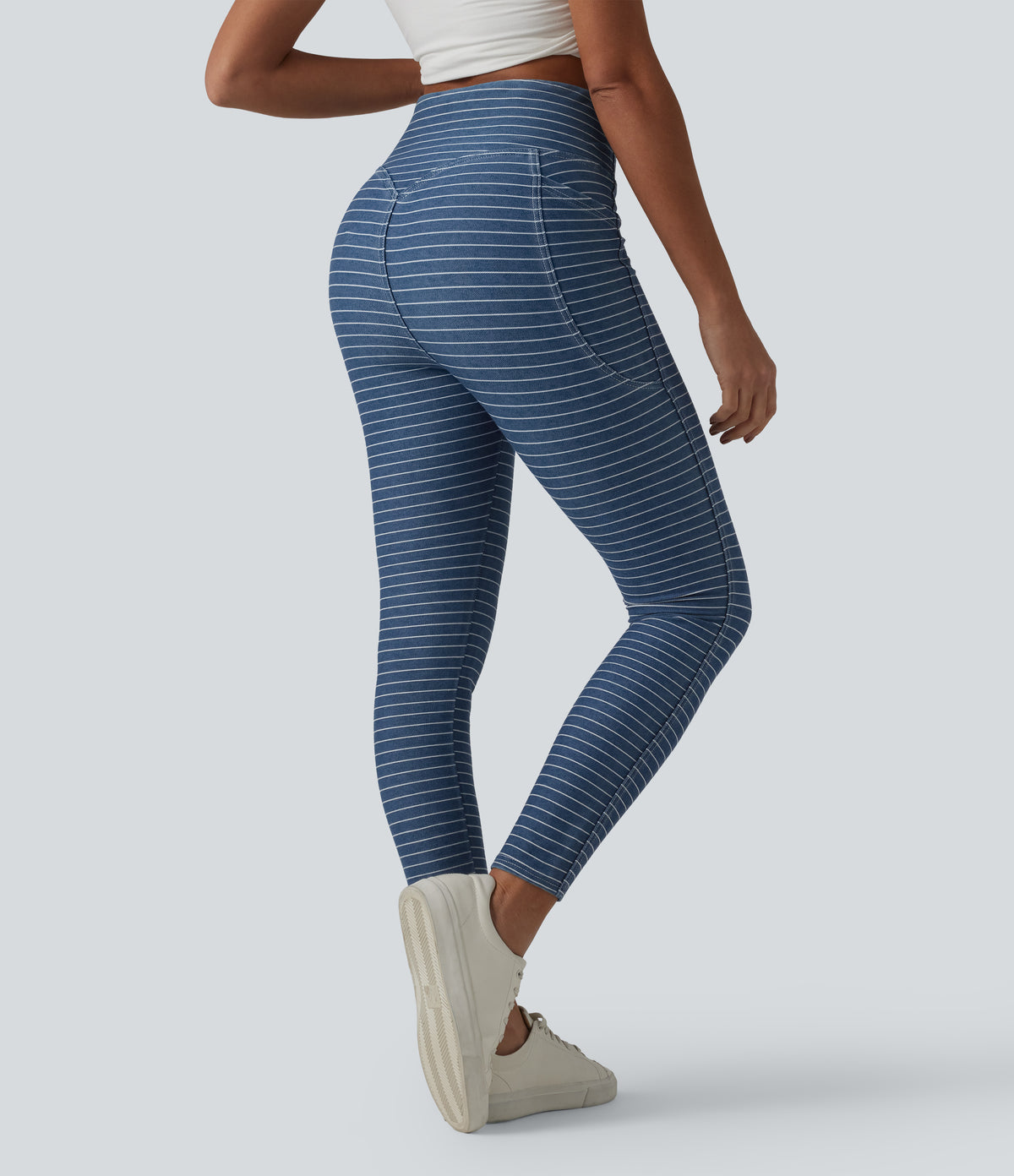 High Waisted Tummy Control Stripes Denim Casual 7/8 Leggings with Pockets — Tide Blue Denim — view 2