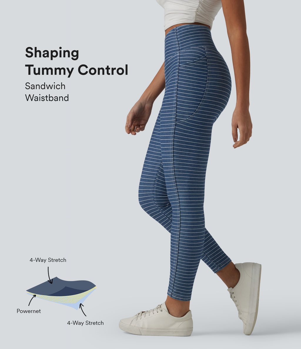 High Waisted Tummy Control Stripes Denim Casual 7/8 Leggings with Pockets — Tide Blue Denim — view 1