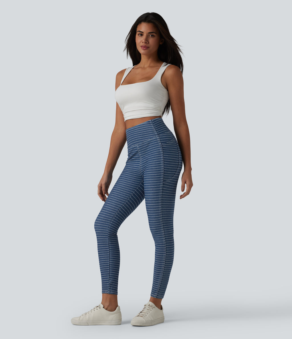 High Waisted Tummy Control Stripes Denim Casual 7/8 Leggings with Pockets — Tide Blue Denim — view 7