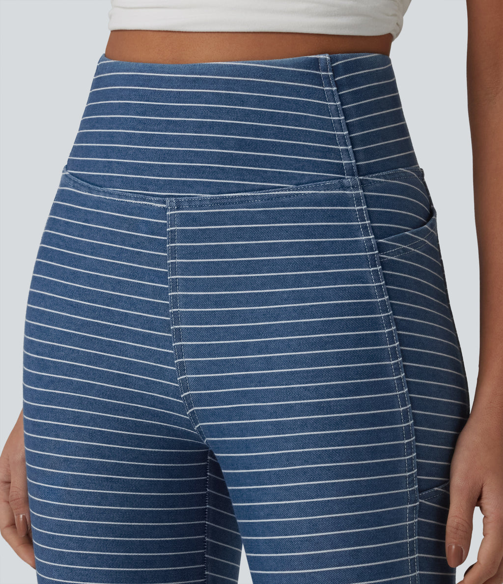 High Waisted Tummy Control Stripes Denim Casual 7/8 Leggings with Pockets — Tide Blue Denim — view 5
