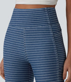 High Waisted Tummy Control Stripes Denim Casual 7/8 Leggings with Pockets — Tide Blue Denim — view 5