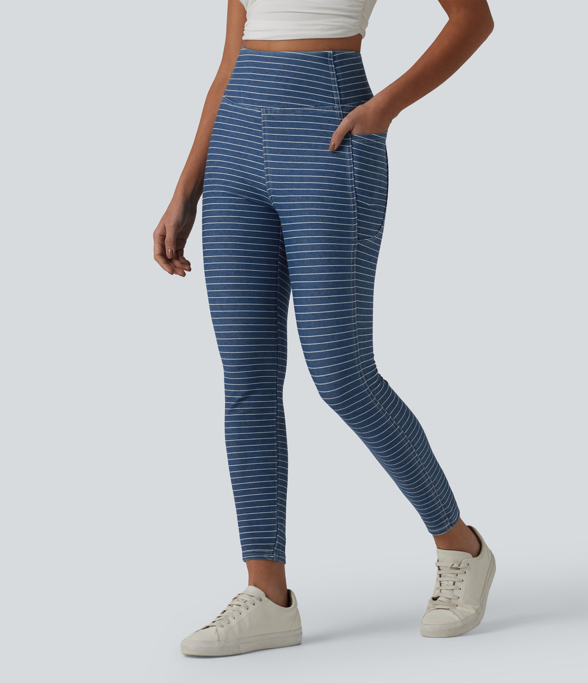 High Waisted Tummy Control Stripes Denim Casual 7/8 Leggings with Pockets — Tide Blue Denim — view 3