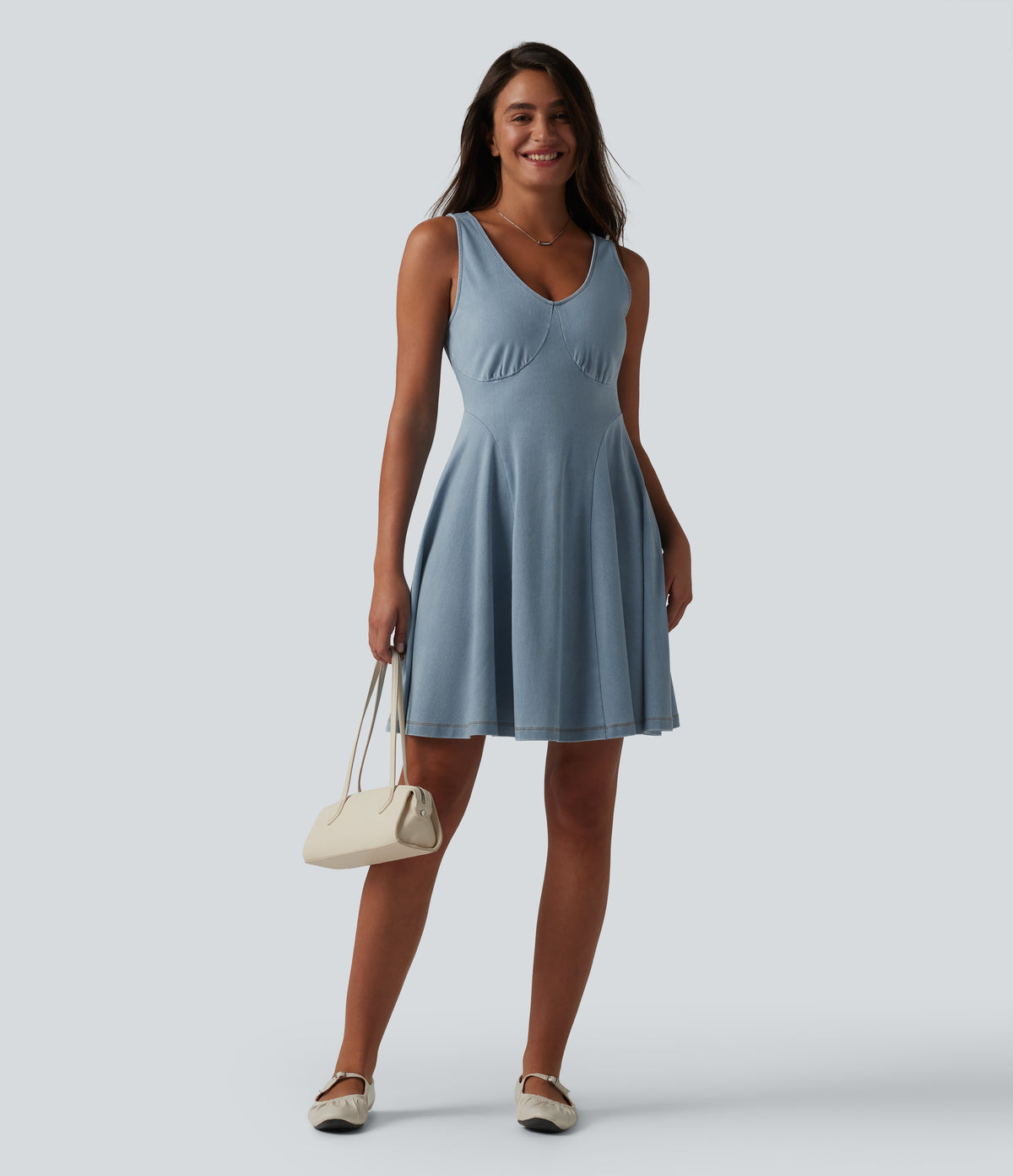 Denim V-neck Sleeveless Mini Draped Lyocell Washed Casual Flare Dress — Blue Jasper Denim — view 5